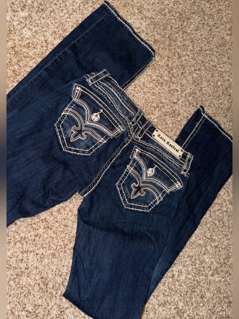 Rock Revival Dark Blue Boot Cut Jeans with Signature Pocket Embroidery